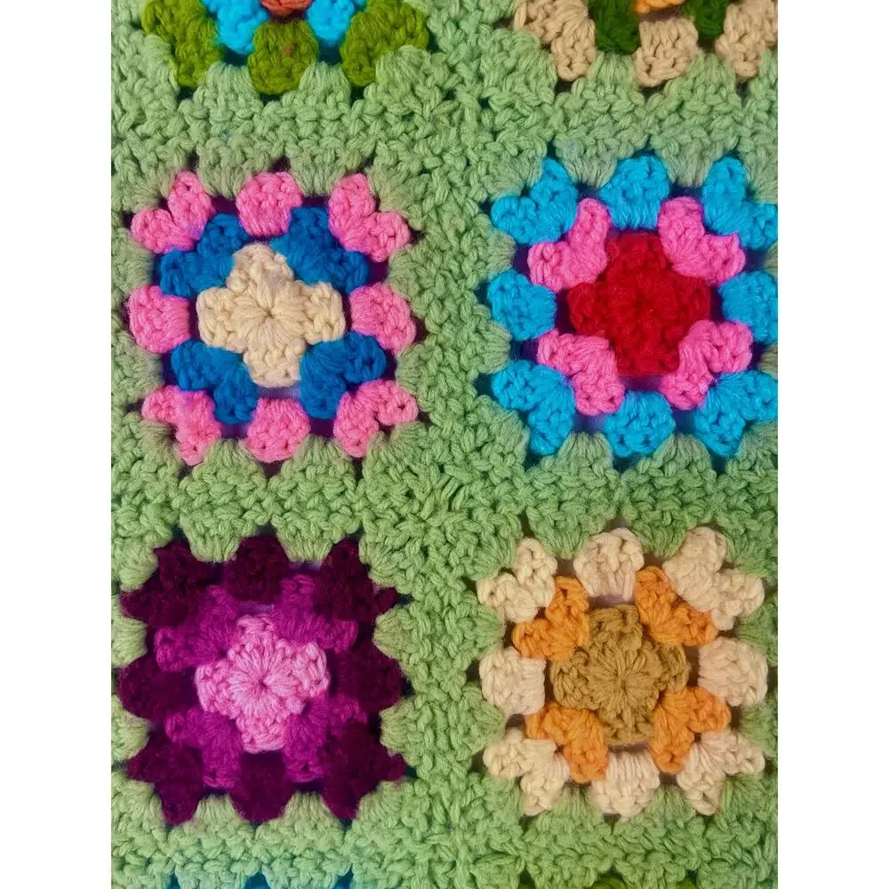 Vintage Crochet Granny Square Doll Blanket Pink Green Stroller Afghan 22x26